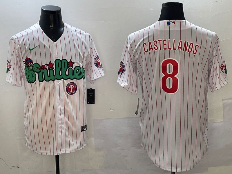 Men Philadelphia Phillies #8 Castellanos White Stripe Three generations Joint Name Game 2025 Nike MLB Jersey style 1
